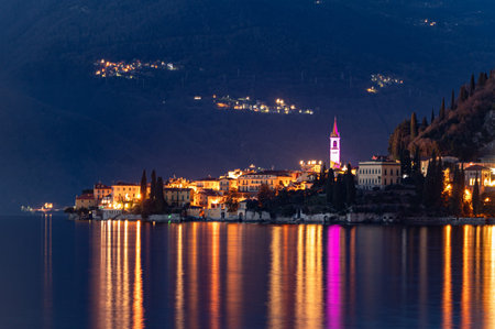 The town of Varenna, on Lake Como, photographed at dusk.の写真素材