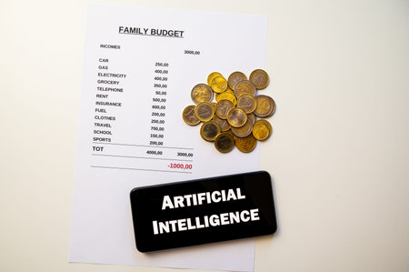 Family budget sheet, coins and artificial intelligence device. Use of artificial intelligence to...