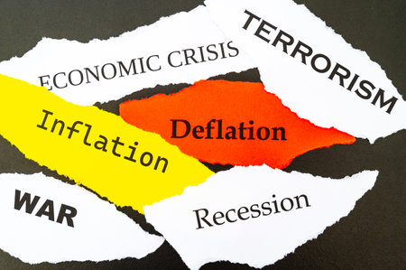 Current affairs, sheets of various colors with words: economic crisis, war, inflation, terrorism, etc., on a black background.の写真素材