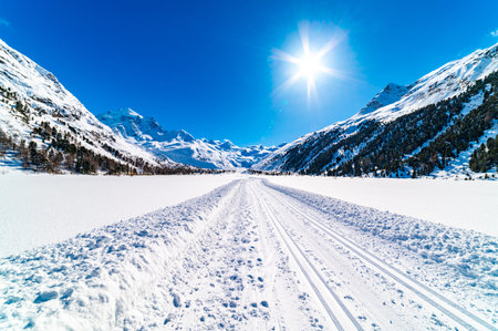 Val Roseg, in Engadine, Switzerland, in winter, with snow-covered cross-country ski slopes.の写真素材