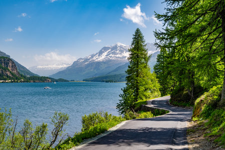 Upper Engadine, Lake Sils, and the village of Isola, photographed from above in summer.の写真素材