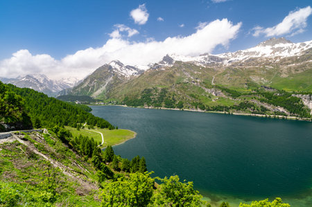 Upper Engadine, Lake Sils, and the village of Maloja, photographed from above in summer.