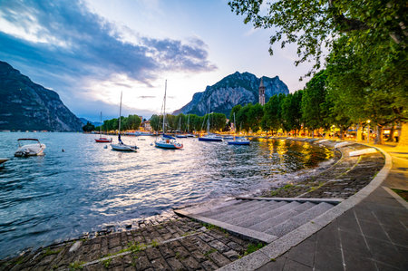 The lakeside of Lecco, photographed at dusk.の写真素材
