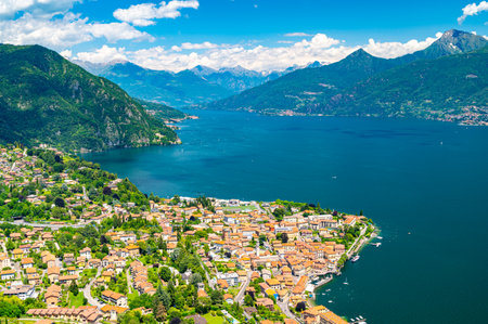 Panorama of Lake Como, photographed from the village of Croce, with the town of Menaggio and the mountains above it.の写真素材
