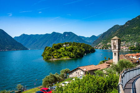 Panorama of Lake Como, Ossuccio bell tower and Isola Comacina.の写真素材