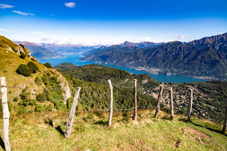 Panorama of Lake Como, photographed in autumn from Monte San Primo, with the surrounding villages...