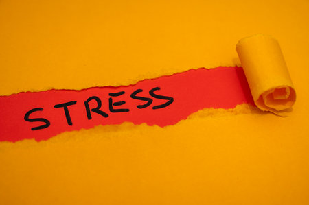 Red surface, with the word Stress in black, under torn and rolled orange cardboard.の写真素材