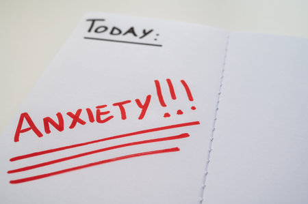 Blank journal page, with the word Anxiety in red. Anxiety and a request for help.