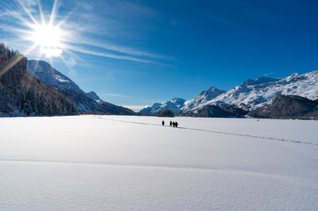 Panorama of Lake Sils, in Engadine, Switzerland, frozen and snowy, and the mountains above.