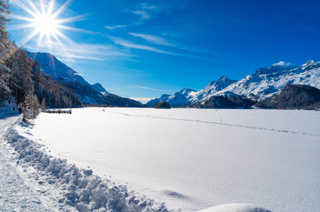 Panorama of Lake Sils, in Engadine, Switzerland, frozen and snowy, and the mountains above.