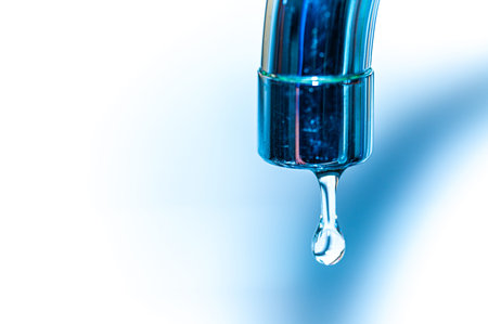 Close up of faucet with water drop on white background.