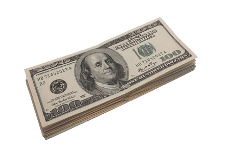Pack of 100 dollar denominations photographed on a white backgroundの写真素材