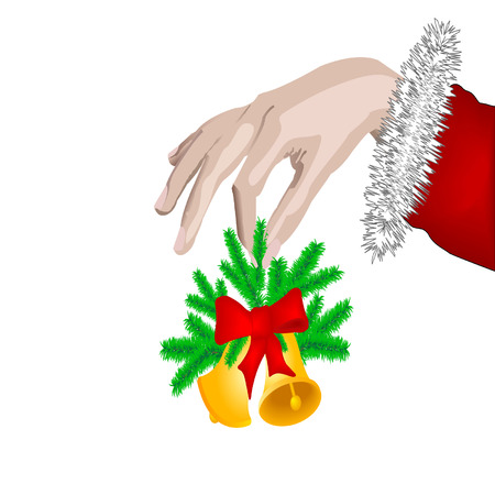 New years Hand of the person two Christmas hand bells with a red tape on green fur-tree branches  on isolated white background のイラスト素材