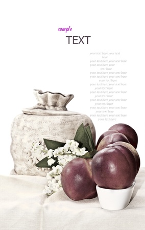 Peaches and jug on white background (with sample text)の写真素材