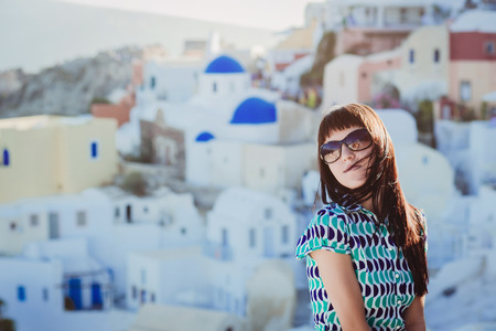 beautyful young woman santorin greeceの写真素材