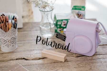 Pencil case and stationery on wooden table. Back to school conceptの写真素材