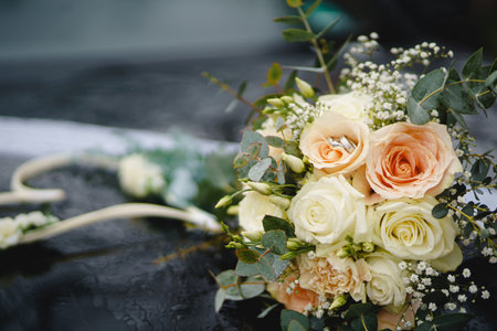 wedding bouquet of roses and eucalyptusの写真素材