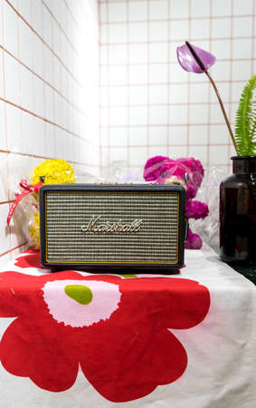 Shanghai - June 13, 2018: Marshall classic bluetooth speaker closeup, illustrative editorial imageのeditorial素材