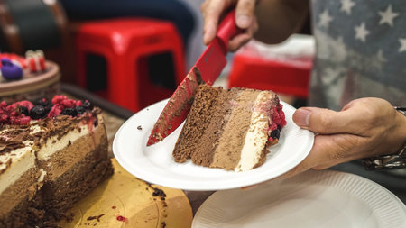 piece of chocolate cake on plate, cutting three mousse chocolate cake, white milk and black...