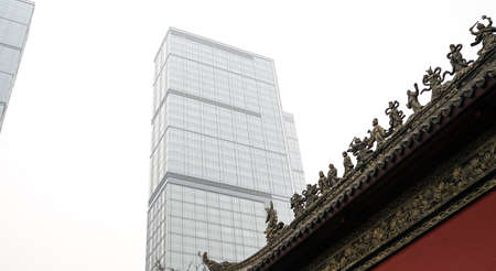 Chengdu, China - January 06, 2017: Daci Temple in Chengdu, Taikoo Li shopping centre, old and modern architecture, soft focus, front facade of a templeのeditorial素材