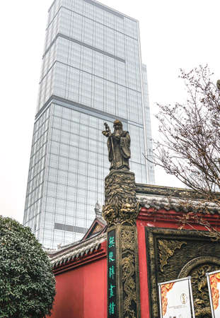 Chengdu, China - January 06, 2017: Daci Temple in Chengdu, Taikoo Li shopping centre, old and modern architecture, soft focus, front facade of a templeのeditorial素材