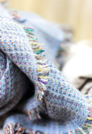 knitting cashmere wool yarn, closeup blue blanket, home decor, Blue tabby cashmere blanket rolled upの写真素材