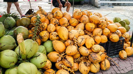 Golden king coconuts, a pile of raw and ripe coconuts. Coconut oil ingredient, fruit market in Asia, Hainan Island in China.の写真素材