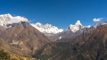 landscape in the himalayas, Everest base camp trek, Everest Hotel viewpoint, Namche Bazar viewpoint, trekking in Nepal, beautiful scenery in the mountainsの写真素材