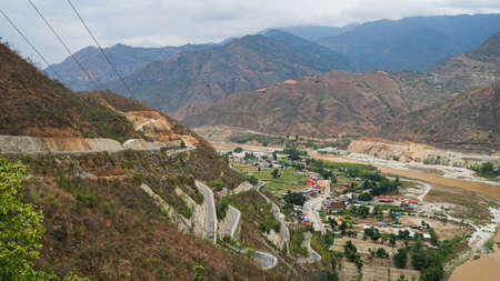 Highway from Kathmandu to Pokhara. Japanese built road, new technologies. Roads and travel in Nepal by busの写真素材
