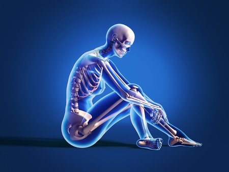 Naked woman sitting on floor, with bone skeleton superimposed. On neutral backgroundの写真素材