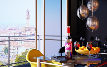 Red wine bottle in a tray with two wine glasses and an open window on Florence panorama.の写真素材