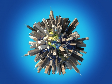 Planet earth totally invased and covered by huge skyscrapers and buildings. On blue background. 3D renedring, with clipping path included.の写真素材