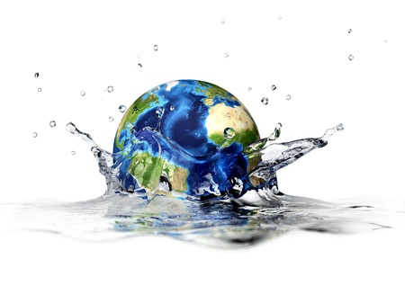Planet Earth, falling into clear water, forming a crown splash. With depth of field. 3 D digital rendering on white background.の写真素材