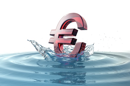 euro sign falling into water with splashの写真素材