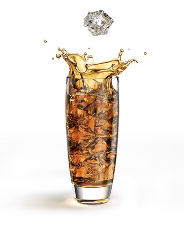 Ice cube falling into a tall glass full of brown liquid and other cubes, splashing.の写真素材