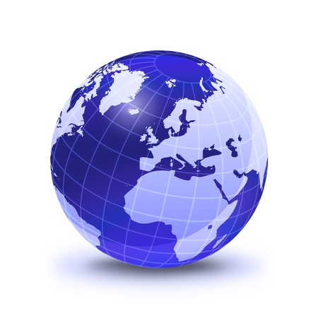 Earth globe stylized, in blue color, shiny and with white glowing grid. On white surface with dropped shadow. Europe view.の写真素材