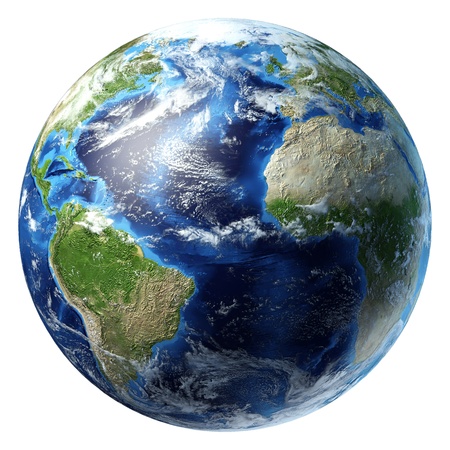 Planet earth with some clouds. Atlantic ocean view, where are partially visible the Americas, Africa and Europe. Photorealistic 3 D rendering on white background, with clipping path.の写真素材