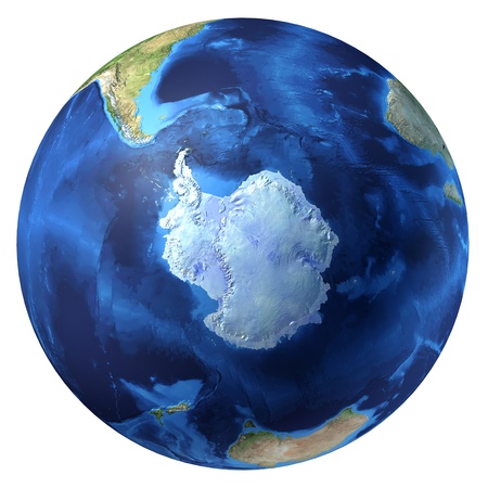 Earth globe, realistic 3 D rendering. Antarctic (south pole) view. On white background.の写真素材