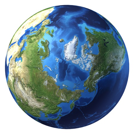 Earth globe, realistic 3 D rendering. Arctic view (North pole). On white background.の写真素材