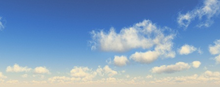 Blue sky with fluffy white clouds. Wide format. Computer generated Image.の写真素材