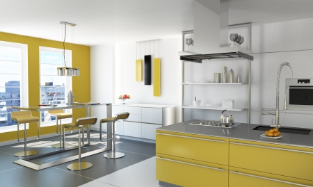 Modern yellow kitchen with isle, table and stools の写真素材