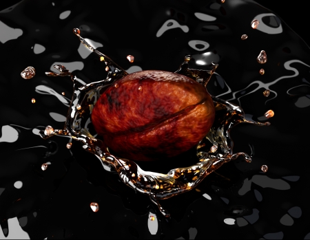 Coffee bean falling into a dark liquid, forming a crown splash, viewed from above, very close up.の写真素材