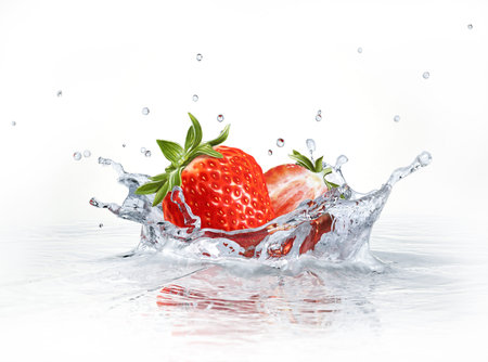 Strawberries falling into clear water, forming a crown splash. Viewed from a side, with white background.の写真素材