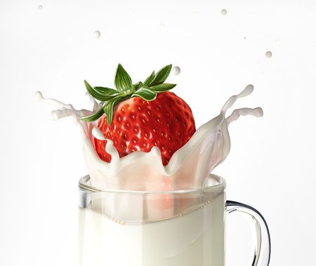 Strawberry falling into a glass mug full of milk, splashing  On white background の写真素材