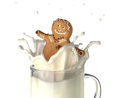 Sweet human character shaped bisquit, splashing into a glass mug full of fresh milk  On white...