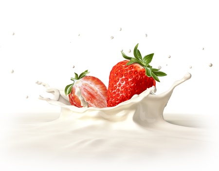 Two strawberries falling into milk forming a crown splash  On white background の写真素材