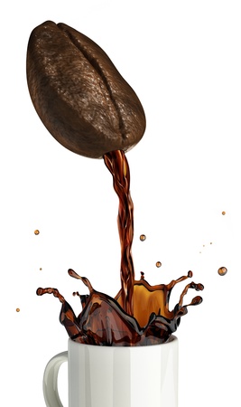 Huge coffee bean with hole pouring coffee into a mug splashing  On white background の写真素材