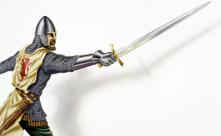 Middle age Ancient warrior with a sword, in action  On white background with dropped shadow  Airbrush illustration  Clipping path included の写真素材