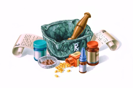 Mortar surrounded by drugs, medicines and prescriptions  Composition on white background の写真素材