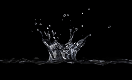 Water crown splash viewed from a side, on black background, with depth of field  3 D digital rendering の写真素材